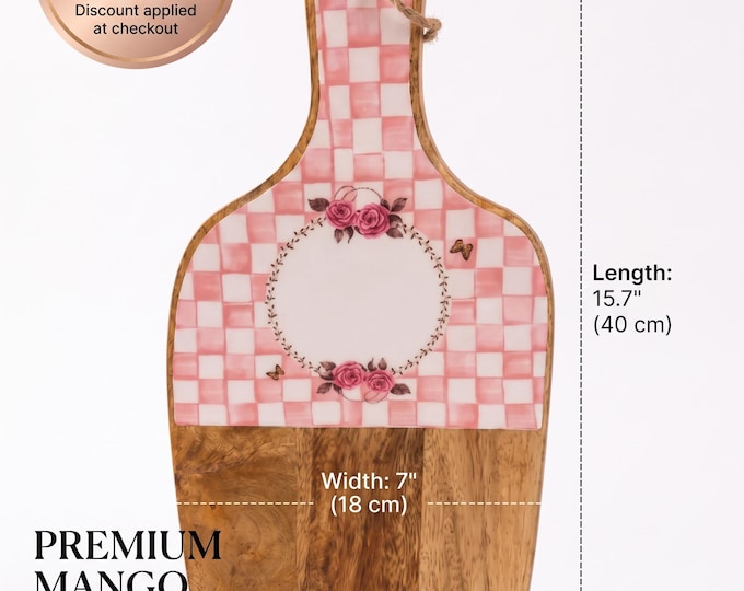 Wooden Cutting Board, Pink Checkered Floral Rose Accents, Rustic Serving Platter (17x40cm)