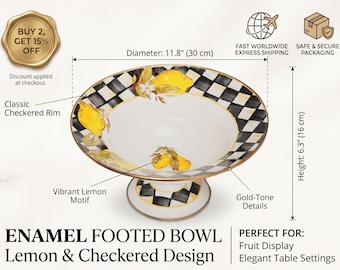 Lemon Pedestal Bowl Enamel Black and White Check with Gold Rim, Fruit Table Centerpiece, Hand Painted Kitchen Decor, Decorative Enamel Bowl