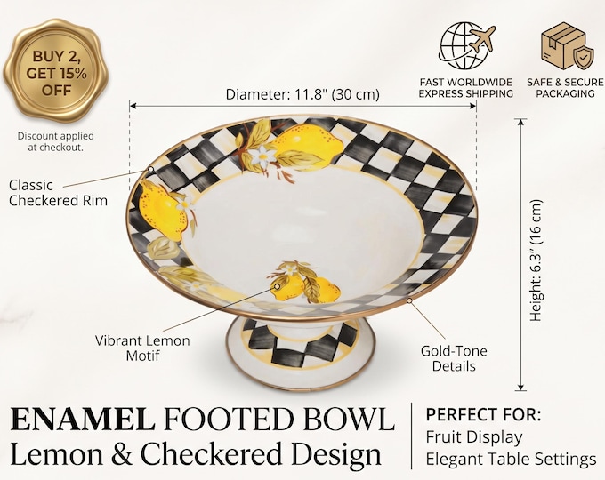 Lemon Pedestal Bowl Enamel Black and White Check with Gold Rim, Fruit Table Centerpiece, Hand Painted Kitchen Decor, Decorative Enamel Bowl