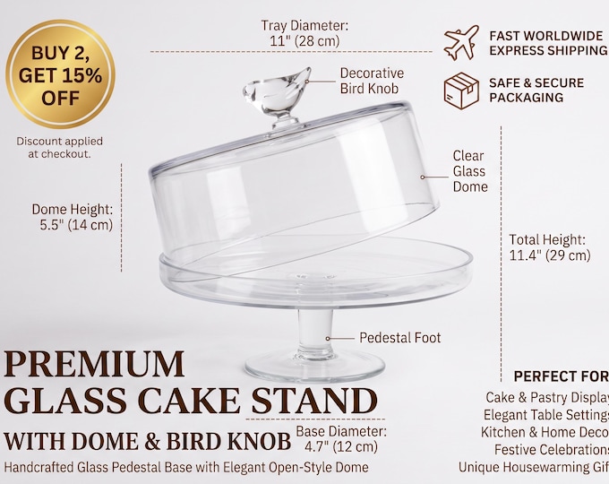 Footed Glass Cake Stand with Bird Finial Dome, Clear Pedestal Dessert Display, Covered Pastry Stand, Vintage Glass Cloche for Cakes Sweets