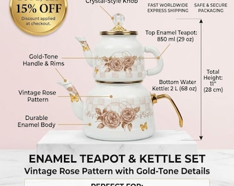 Enamel Teapot Set with Rose and Butterfly Motif | Turkish Double Pot 1.4L + 2.6L | Vintage Tea Kettle, Kitchen Decor, Gift for Tea Lovers