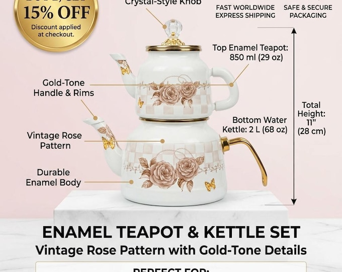 Enamel Teapot Set with Rose and Butterfly Motif | Turkish Double Pot 1.4L + 2.6L | Vintage Tea Kettle, Kitchen Decor, Gift for Tea Lovers