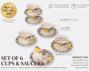 Lemon Tea Cup Set, Porcelain 200ml, Checkered Saucers, Gold Accents (6-Piece)