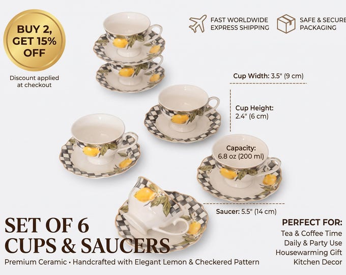 Lemon Tea Cup Set, Porcelain 200ml, Checkered Saucers, Gold Accents (6-Piece)