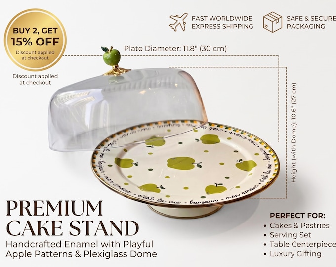 Cloche Cake Stand with Green Apple Pattern, Enamel Pedestal Plate with Plexiglass Dome, Modern Kitchen Decor, Dessert Display
