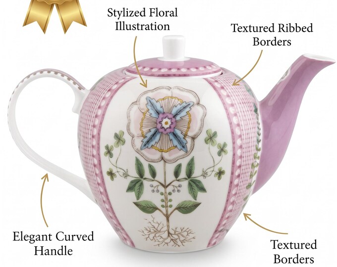 Pink Floral Teapot 1600ml Vintage Porcelain with Lattice Pattern, Cottagecore Tea Pot, Floral Porcelain, Pink and Multicolor Tea Decor