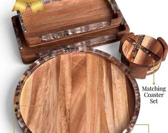 Resin Tray Set with Shell Inlay, 8-Piece Acacia Wood Serving Collection, Rustic Kitchen Decor, Boho Tableware, Handmade Dining & Gift Idea