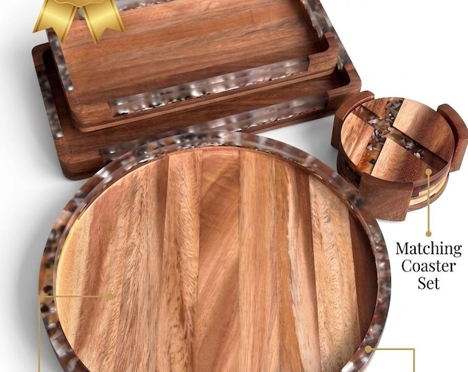 Resin Tray Set with Shell Inlay, 8-Piece Acacia Wood Serving Collection, Rustic Kitchen Decor, Boho Tableware, Handmade Dining & Gift Idea