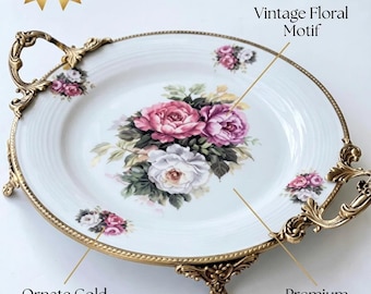 Round floral porcelain tray with antique brass handles, Victorian rose motif, vintage shabby chic serveware, 38 x 33 cm
