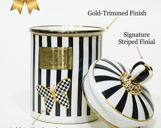 Enamel Canister Black and White Stripes with Butterfly Motif and Gold Trim, 15cm Tall Kitchen Storage Jar for Coffee, Tea, Sugar, Legumes