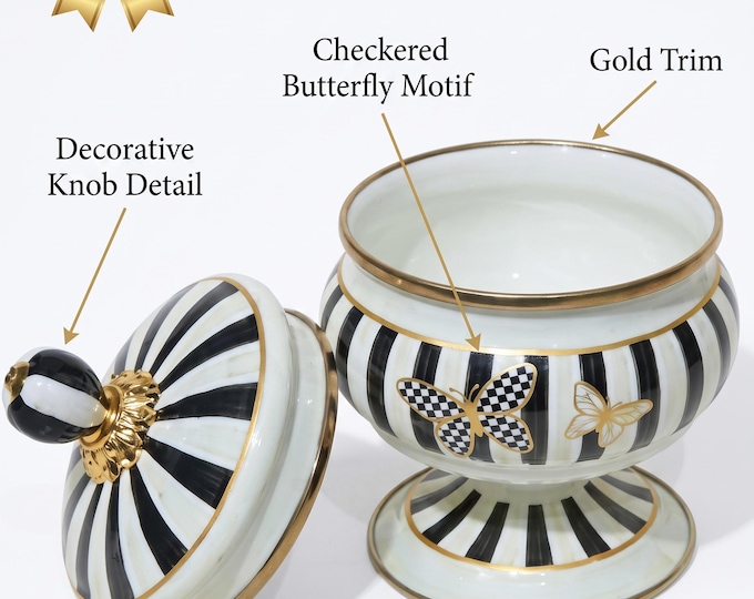 Footed Enamel Sugar Bowl | Black White Stripes, Gold Butterfly Trim