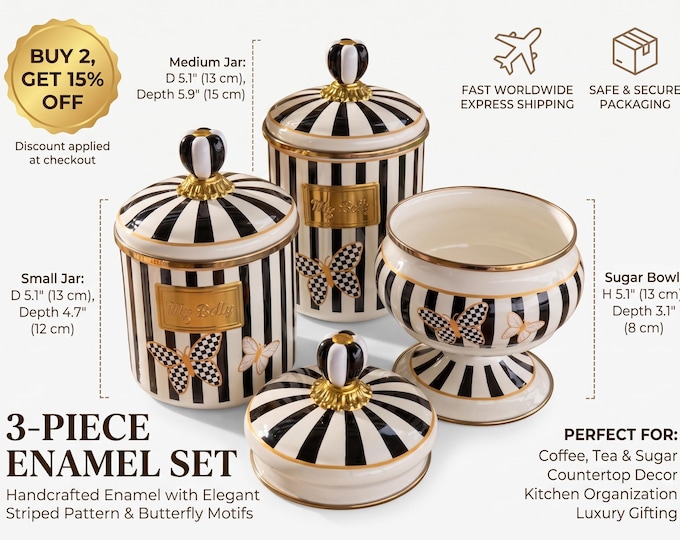 Striped Canister Set with Butterfly Decor, Black and White Enamel Storage Jars, Gold Accents, Lidded Sugar Bowl, Vintage Kitchen Organizer