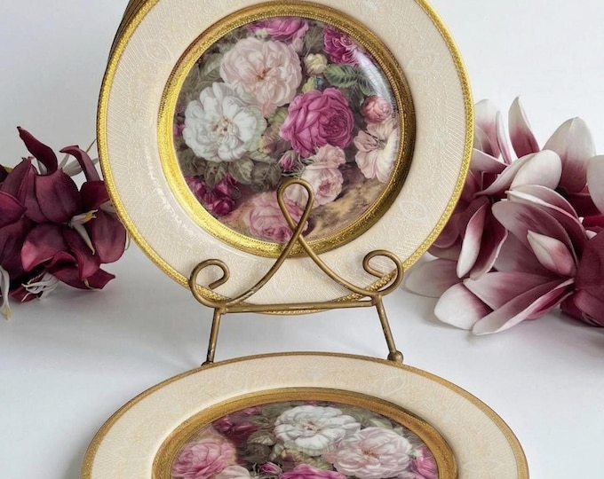 Porcelain Plate Set, 24K Gold Floral Bouquet Design, Pink Dinnerware, Romantic Floral, Cream Gold Plates, Serving Plates, Floral Plate Set