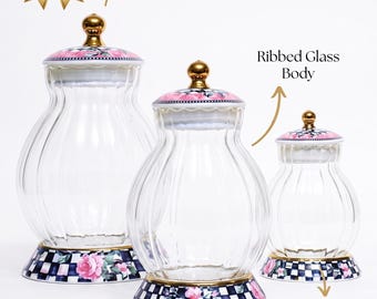Glass Canister Set with Ribbed Porcelain Bases and Checkerboard Rose Accents, Decorative Kitchen Storage Jars, Vintage Floral Glass Jars