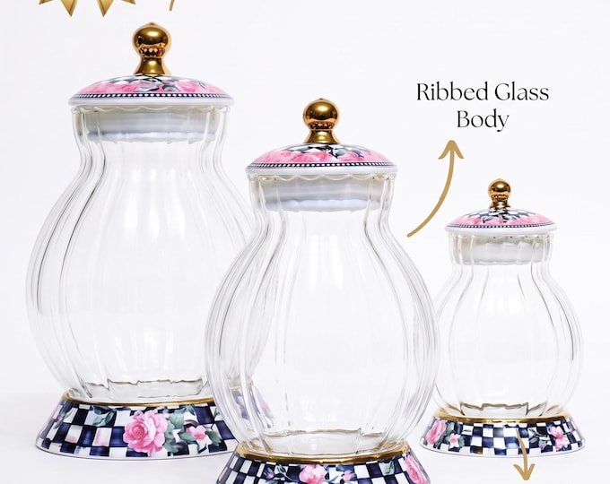 Glass Canister Set with Ribbed Porcelain Bases and Checkerboard Rose Accents, Decorative Kitchen Storage Jars, Vintage Floral Glass Jars