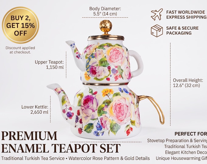 Vintage Floral Enamel Teapot Set, Turkish Tea Maker, Gold Rose Knob, Stovetop Double Tier