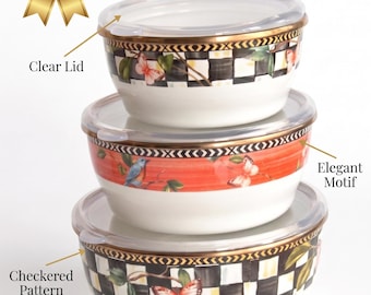 Enamel Storage Set | Three Nesting Containers with Plexiglass Lids | Checkered Floral Design | Vintage Kitchen Decor & Food Organizer