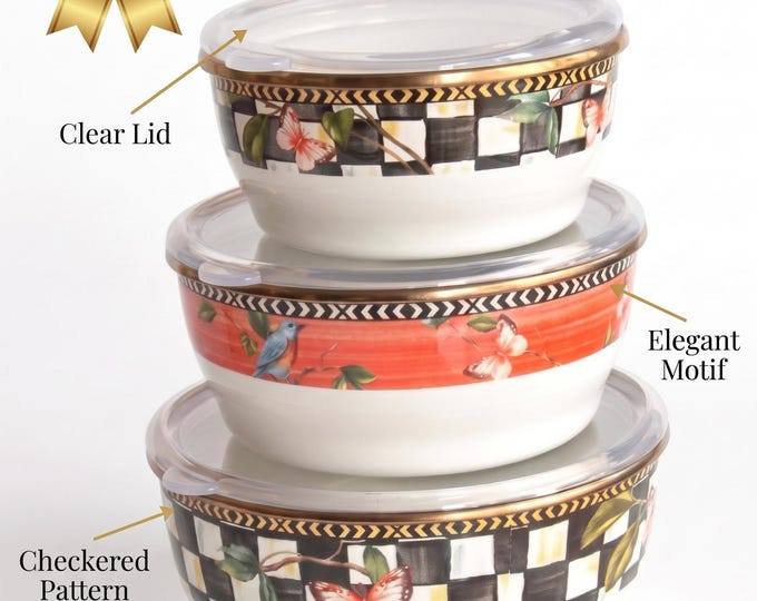 Enamel Storage Set | Three Nesting Containers with Plexiglass Lids | Checkered Floral Design | Vintage Kitchen Decor & Food Organizer