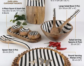 Mango Wood Serving Set, Black White Stripes, Butterfly Motifs, Gold Accents (10-Piece)