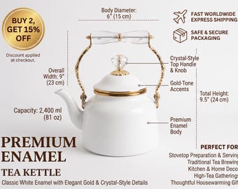 White Enamel Teapot 2.6L Steel with Glass Bow Handle and Gold Trim, Luxury Tea Kettle, Decorative Kitchen Decor, Large Capacity Enamelware
