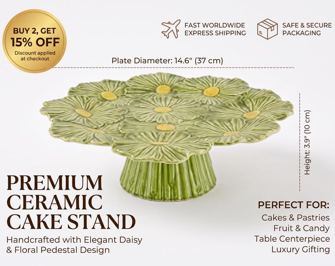 Green Ceramic Daisy Cake Stand, Majolica-Style Floral Pedestal (37cm)