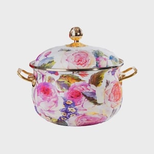 Vintage Floral Enamel Cooking Pot with Gold Rose Knob