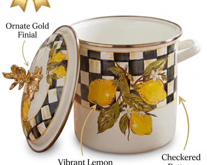 Enamel Canister with Lemon Checkered Design, Vintage Kitchen Storage Jar, Steel Food Container, Whimsical Retro Enamelware, 3L Capacity