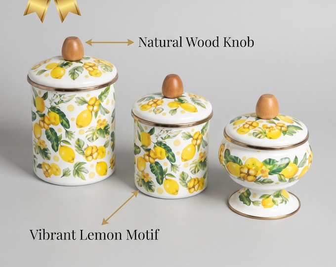 Enamel Canister Set, Lemon Floral Pattern, Wooden Knobs, Kitchen Storage Jars