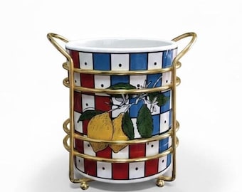 Ceramic Lemon Checkered Spoon Holder | Gold Wire Stand, Countertop Utensil Caddy
