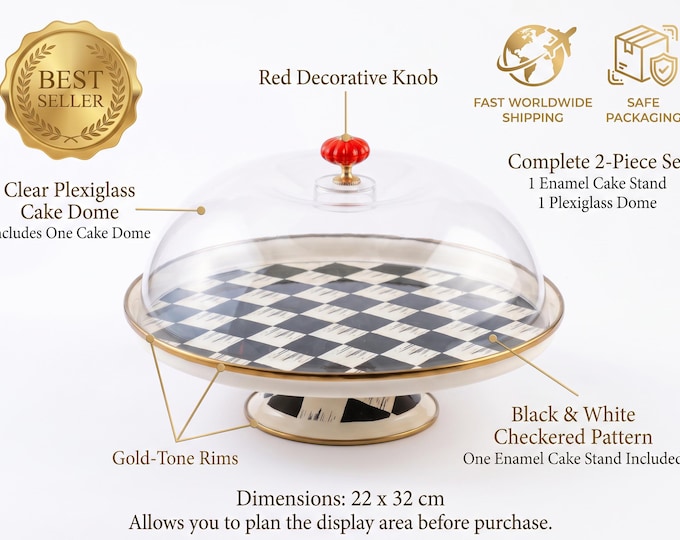 Checkered Cake Stand with Plexiglass Dome, Enamel Dessert Display, Gold Rim, Retro Kitchen Decor, Vintage Style Cloche, Party Centerpiece