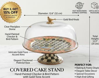 Enamel Steel Cake Stand, Black-White Check, Gold Bird Finial, Plexiglass Dome (30cm)