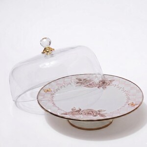 Cake Stand Dome, 30cm Enameled Steel Rose Butterfly Pastry Display