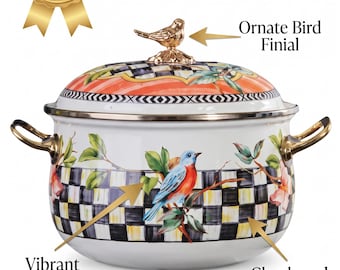 Bird Enamel Pot, 21 cm Checkered Cookware with Gold Finial