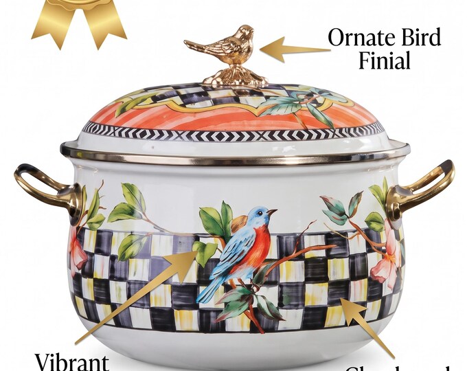 Bird Enamel Pot, 21 cm Checkered Cookware with Gold Finial