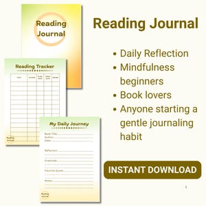 May include: A set of printable reading journals with a gradient yellow and green background. The journals include a reading tracker and a daily journey template. Text includes "Reading Journal", "Reading Tracker", and "My Daily Journey".