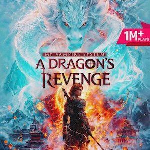 Puede incluir: Ilustración digital con un dragón turquesa sobre un guerrero con una espada. Se muestra el texto "MY VAMPIRE SYSTEM" y "A DRAGON'S REVENGE". Una pancarta rosa dice "1M+ PLAYS". El fondo presenta un paisaje montañoso y ardiente.