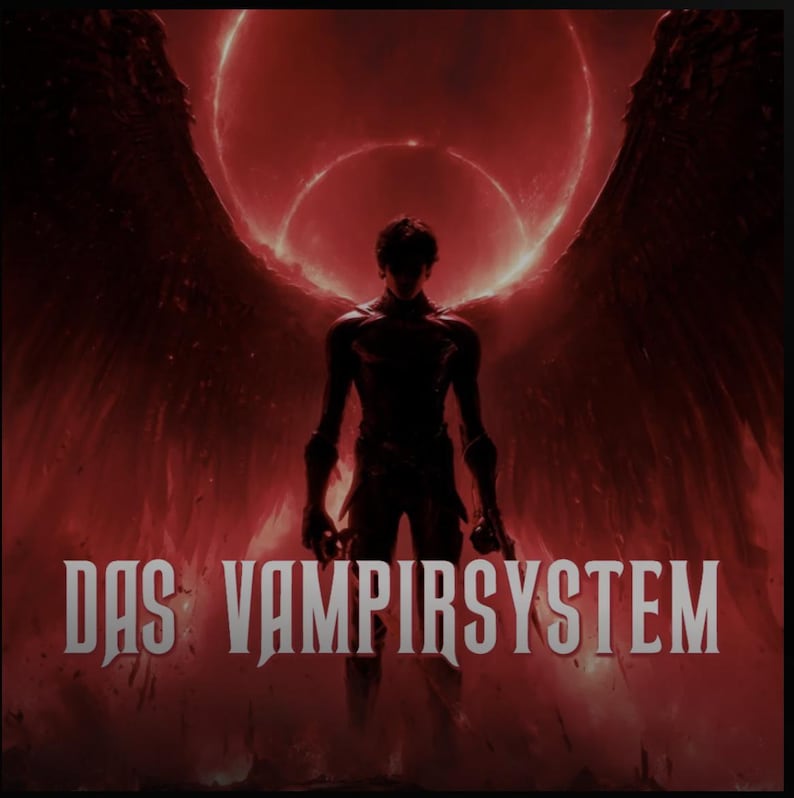 May include: A digital illustration of a figure with large, dark wings against a fiery red background. The text "DAS VAMPIRSYSTEM" is displayed in white at the bottom of the image, suggesting a fantasy or horror theme.