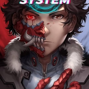 Può includere: Illustrazione digitale di una persona con una maschera rossa e bianca e guanti rossi. Il titolo "MY VAMPIRE SYSTEM" è visualizzato in un font con effetto glitch. È visibile anche il testo "A Novel By JKS Manga" e il logo Webnovel.
