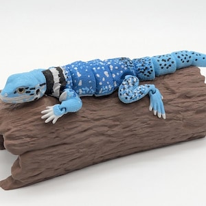Op de afbeelding: Een blauw-witte gearticuleerde hagedisfiguur met zwarte stippen en een zwart-witte gestreepte nekband, rustend op een bruine, getextureerde boomstam. De hagedis heeft een gesegmenteerd lichaamsontwerp voor beweging en een realistische kop.