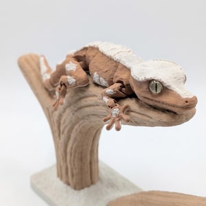 May include: A brown and white articulated gecko figurine perched on a textured brown tree branch stand. The lizard features a white head crest and white patches along its back and limbs, with visible joints on its legs and toes gripping the wood.