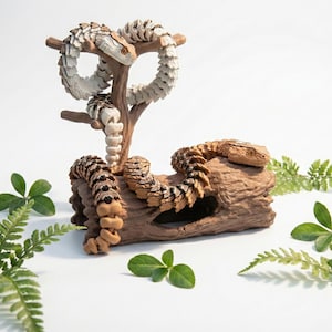Puede incluir: Una escultura detallada de dos serpientes enroscadas alrededor de una rama de árbol y un tronco. Las serpientes son principalmente blancas y marrones, con escamas texturizadas. El tronco es marrón con una sección ahuecada. Hojas verdes y helechos rodean la escultura.
