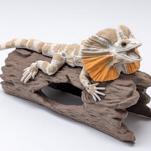 May include: A plastic frilled lizard figurine with a tan and white striped body and a bright orange neck frill. The lizard is posed with its mouth open, resting on top of a textured brown hollow log replica that features a large opening on the side.