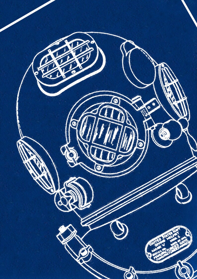 Navy Diving Helmet Hand coated traditionally made cyanotype blueprint image 3