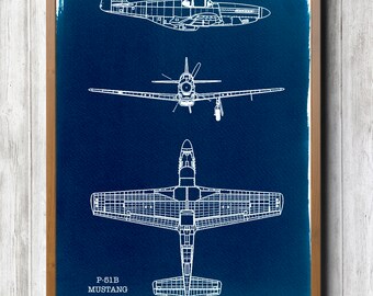 NAA P-51B Mustang A2 Hand coated traditionally made aeronautical Blueprint cyanotype