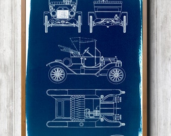 Ford Model-T Two Seater A4 Hand coated traditionally made blueprint cyanotype