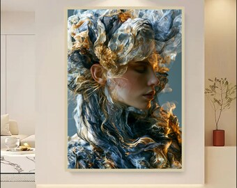 Ethereal Woman Portrait Wall Art Printable, Blue Gold Fantasy Art, Luxury Abstract Feminine Decor, Modern Statement Digital Download
