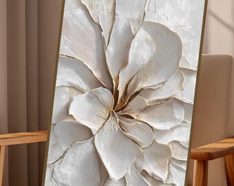 White Floral Textured Wall Art Print | Neutral Abstract Flower Artwork | Minimalist Beige Botanical Decor | Modern Digital Download