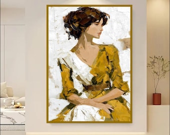 Abstract Woman Portrait Print, Modern Figurative Wall Art, Mustard Yellow Dress Painting, Elegant Feminine Decor Digital Download