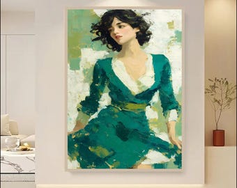 Vintage Woman Portrait Wall Art Print, Impressionist Female Painting, Emerald Green Dress Artwork, Elegant Feminine Decor Digital Download