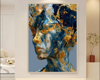 Abstract Female Portrait Wall Art Print, Blue Gold Fluid Art, Modern Luxury Digital Download, Contemporary Woman Face